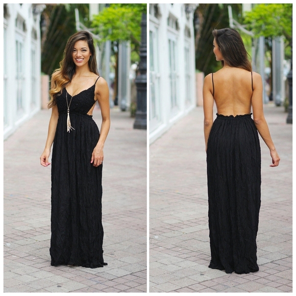 ANGL Black Lace Maxi Dress with Open Back - Picture 1 of 14